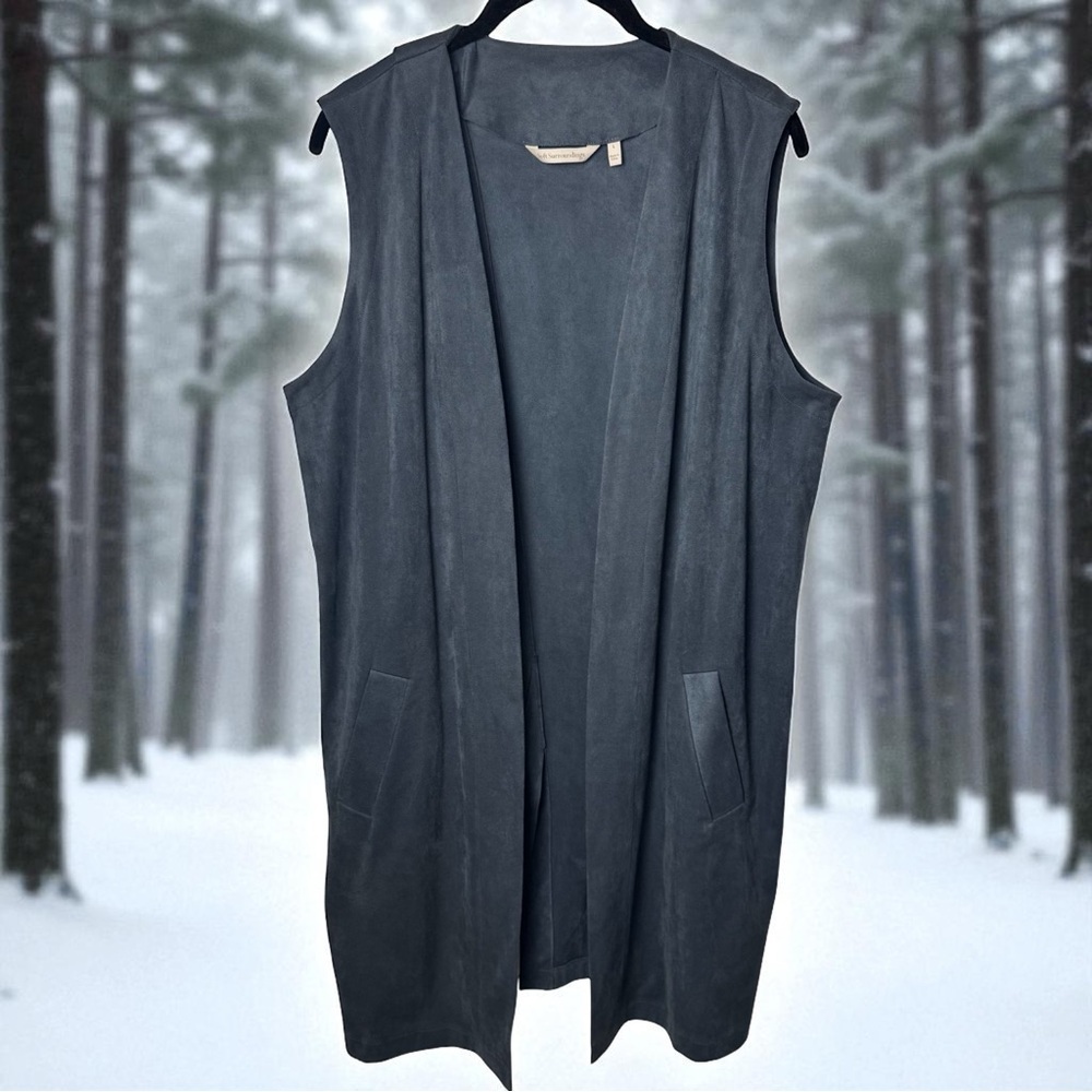 Soft Surroundiings Slate Blue Maxi Vest Cardigan Faux Suede Holiday Winter‎ L